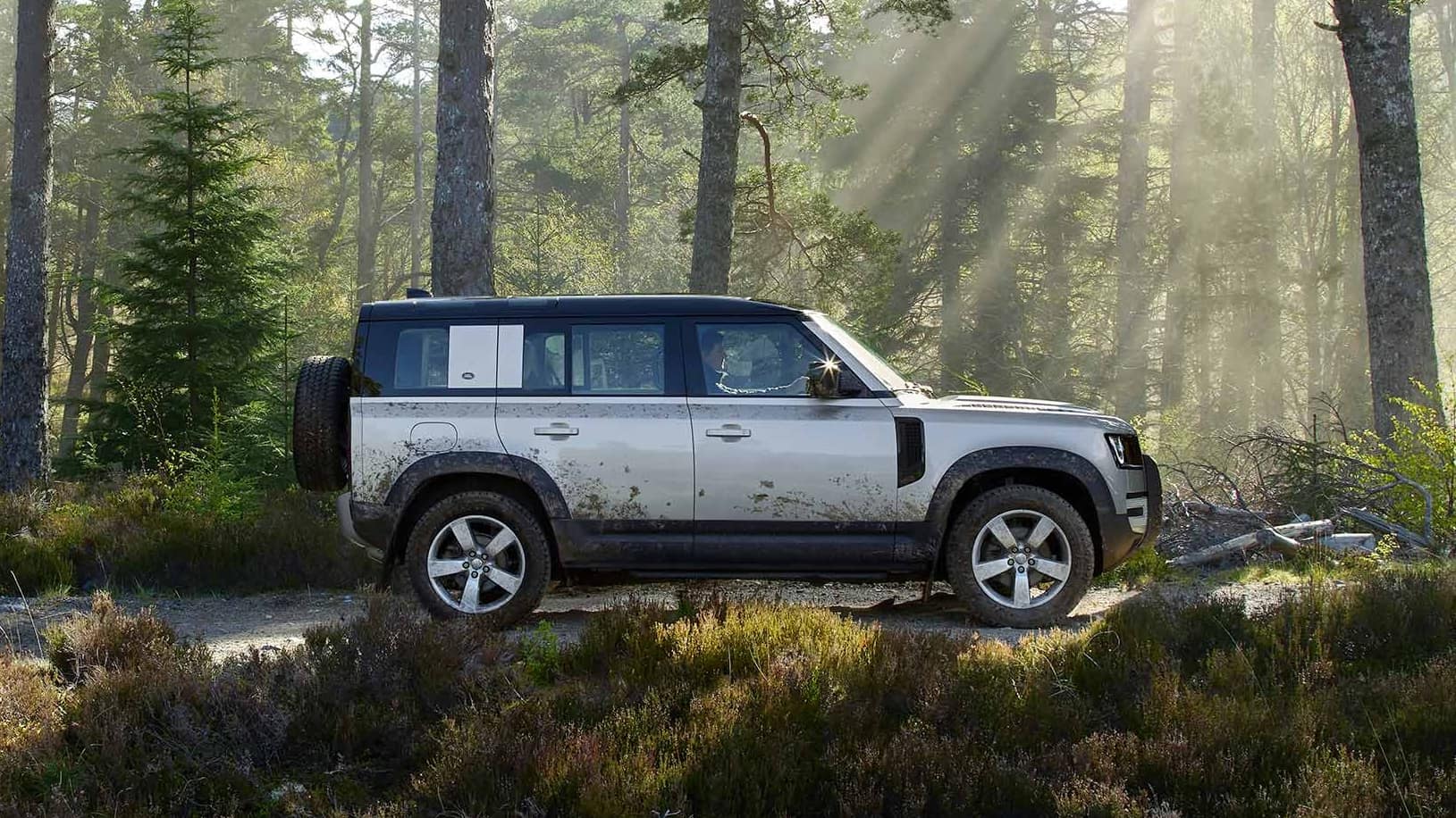 Land Rover Defender profile view in forest background